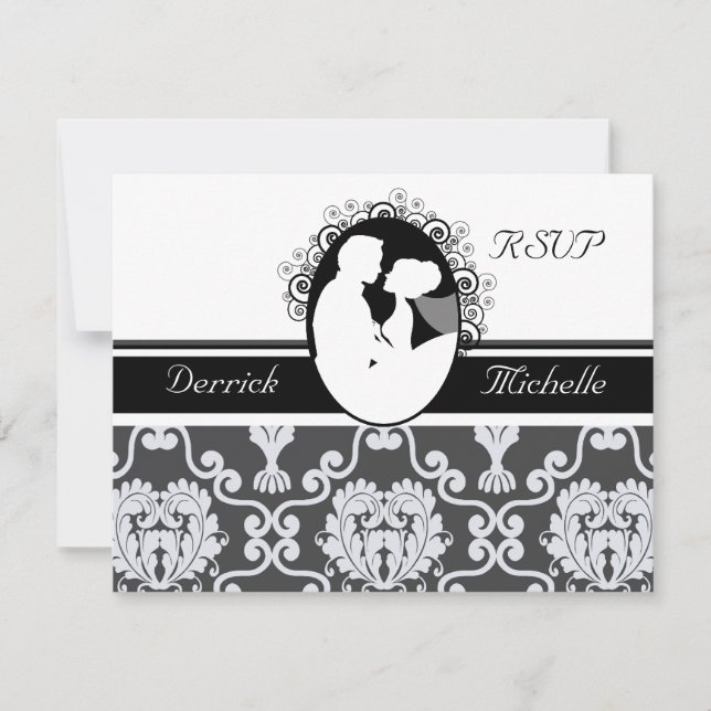 First Kiss Black and White  Wedding RSVP Card (Front)