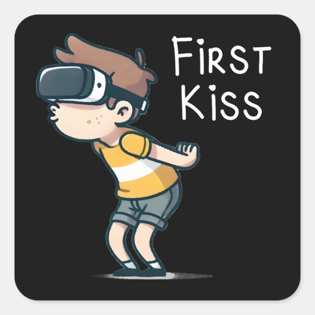 First Kiss – Funny VR Gamer Cartoon, Geeky Boy Square Sticker (Front)