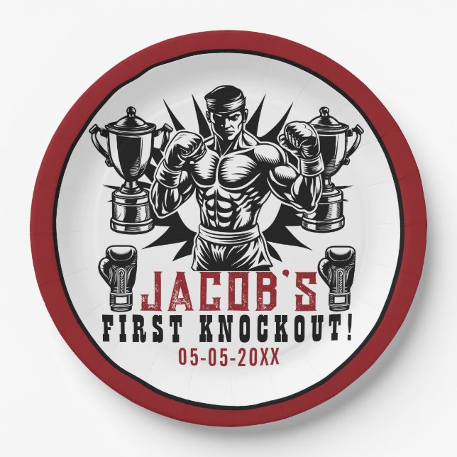 First Knockout Boxing Birthday Party Paper Plates (Front)