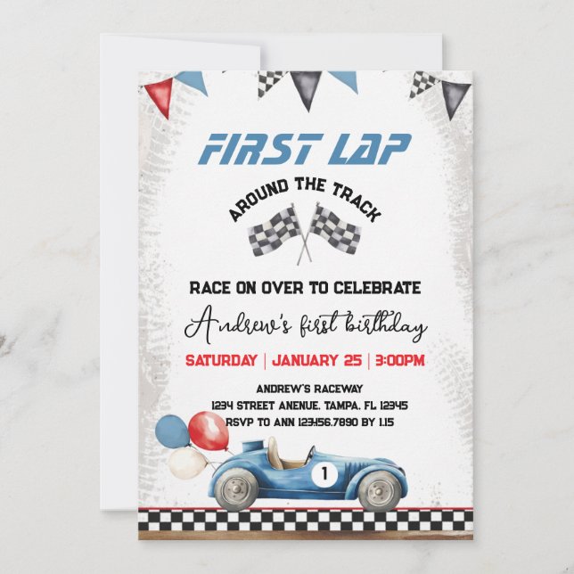 first lap, 1st birthday invitation (Front)