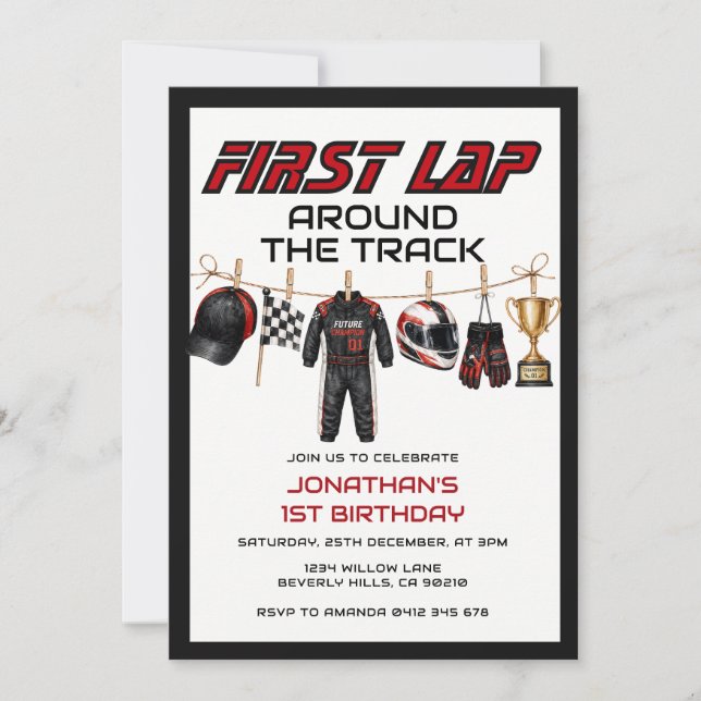 First Lap Around the Track 1st Birthday Boy Racing Invitation (Front)