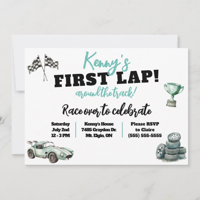 First Lap Around the Track, Kids' Birthday Party Invitation (Front)