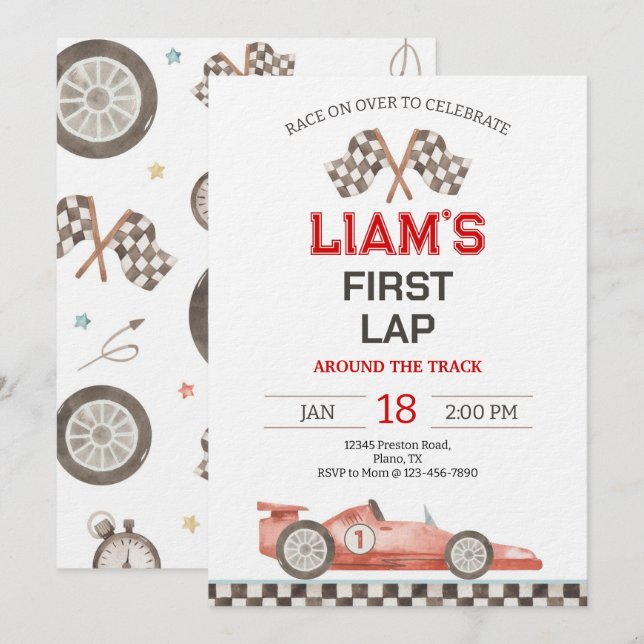 First Lap Around The Track Race Car 1st Birthday Invitation (Front/Back)