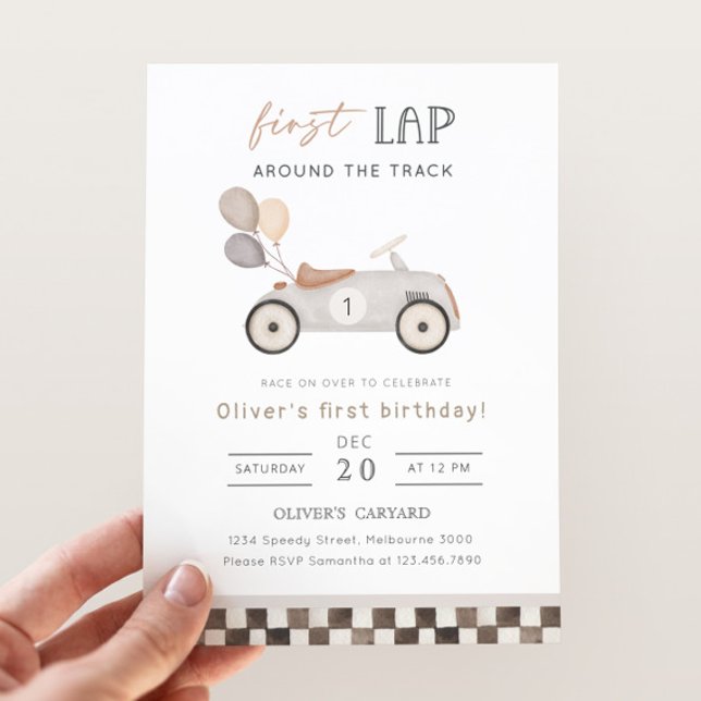 First Lap Beige Race Car & Balloons 1st Birthday Invitation (Creator Uploaded)