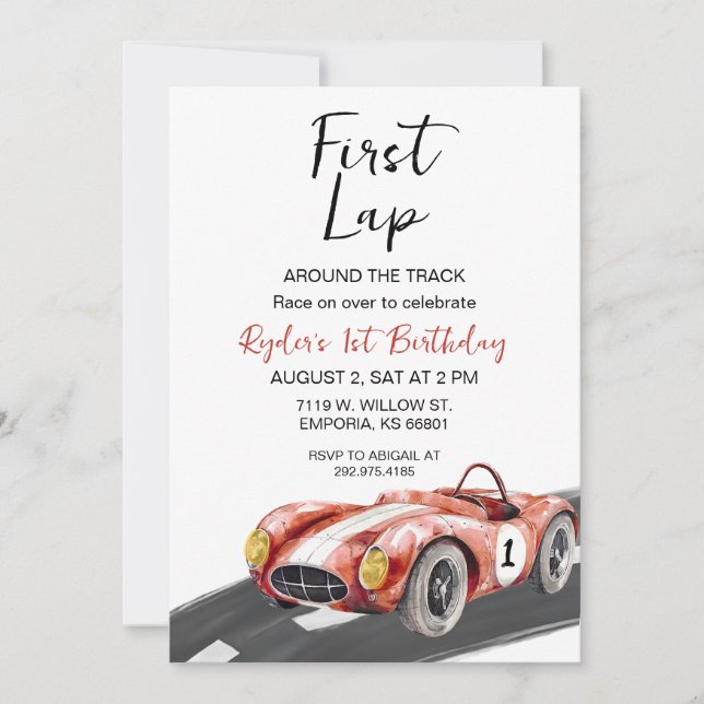 First Lap Race Car 1st Birthday Invitation (Front)