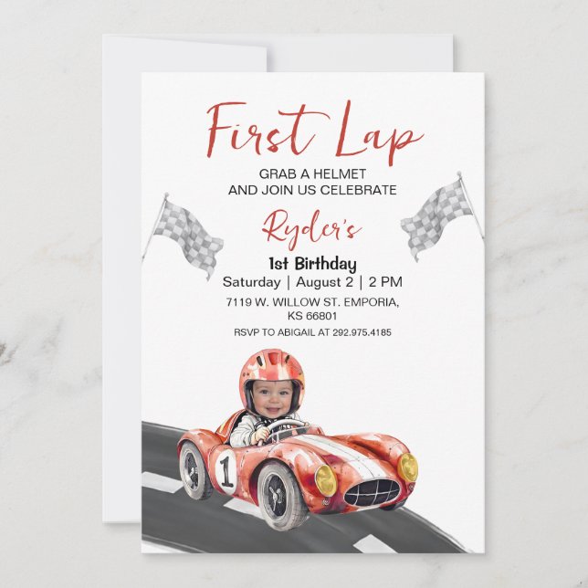 First Lap Race Car 1st Birthday Photo Invitation (Front)