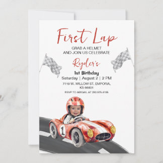 First Lap Race Car 1st Birthday Photo Invitation