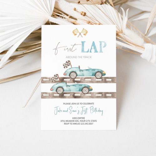 First Lap Race Car Twins Birthday Invitation 