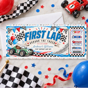 First Lap Vintage Race Car Ticket 1st Birthday Invitation
