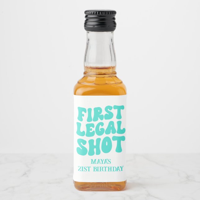 First Legal Shot Retro Turquoise 21st Birthday Liquor Bottle Label (Front)