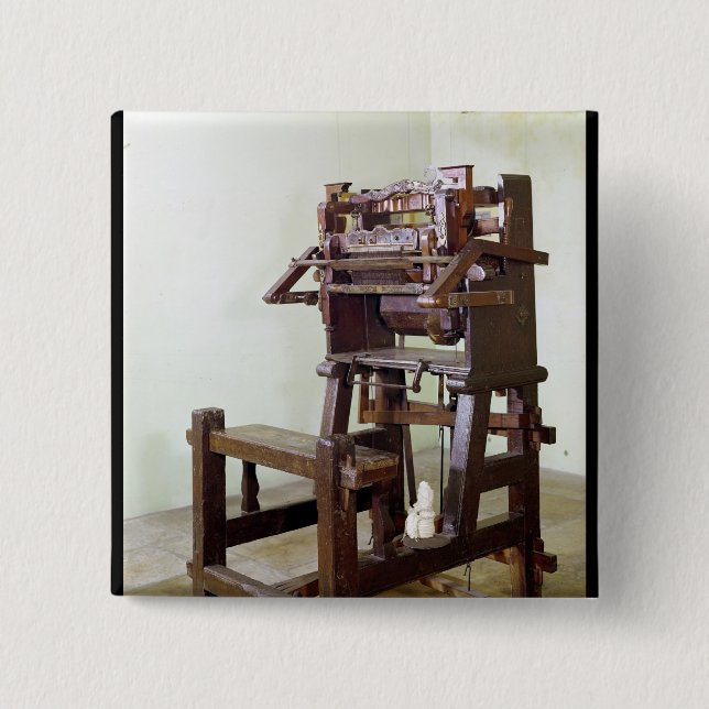 First loom for weaving stockings, 1750 pinback button (Front)