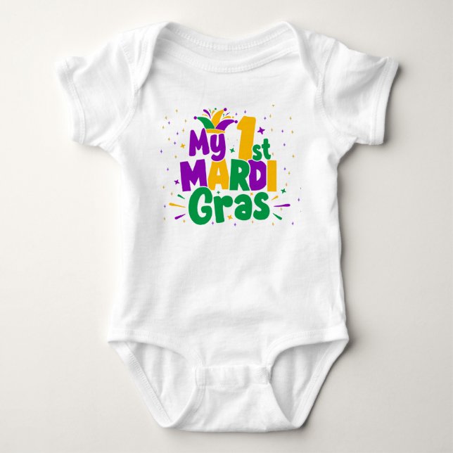 First Mardi Gras Milestone Colorful Sparkles Party Baby Bodysuit (Front)
