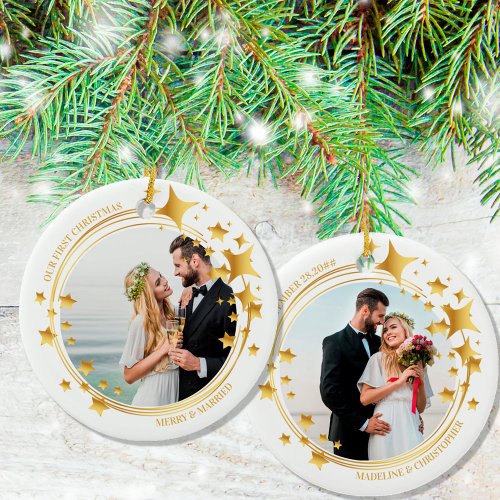 First Married 2 Photo Gold Star Wreath Christmas Ceramic Ornament