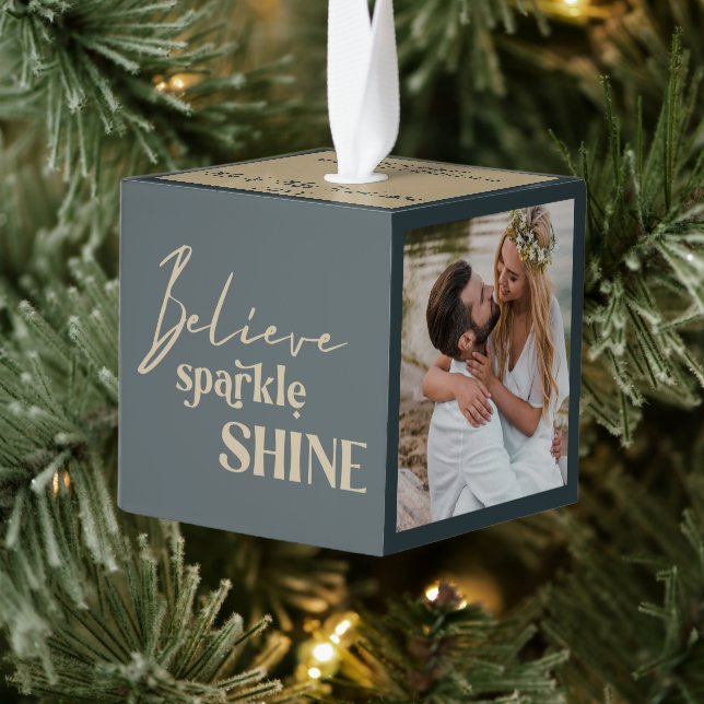 First Married Believe Sparkle Shine 3 Photo Cube Ornament (Tree)
