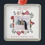 First Married Christmas Berries Photo Metal Ornament<br><div class="desc">A beautiful keepsake for the holidays - a Christmas ornament to commemerate your first Christmas as a married couple. This design features your favorite wedding photo in a frame surrounded by winter berries in red,  blue and brown. Editable personalized text is in red. Makes a great gift.</div>