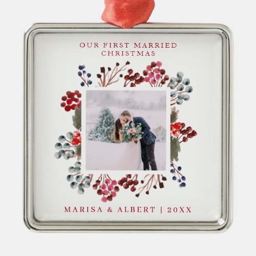 First Married Christmas Berries Photo Metal Ornament