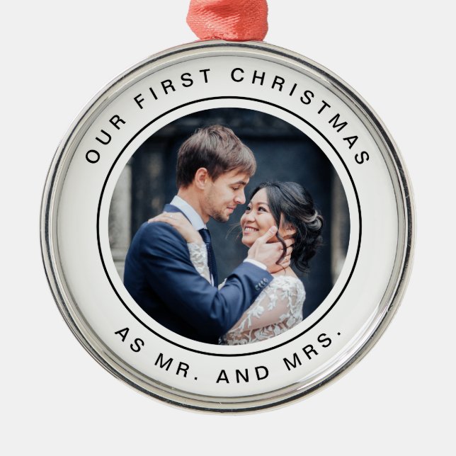 First Married Christmas | Black and White Photo Metal Ornament (Front)