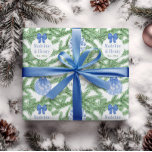 First Married Christmas Blue White Baubles Text Wrapping Paper<br><div class="desc">This design features a repeat background pattern of a Christmas tree (fir tree) branch,  decorated with blue and white chinoiserie inspired baubles. You can personalize the text on two of these baubles,  to add your name(s) or family name and on the other one,  a Christmas message.</div>