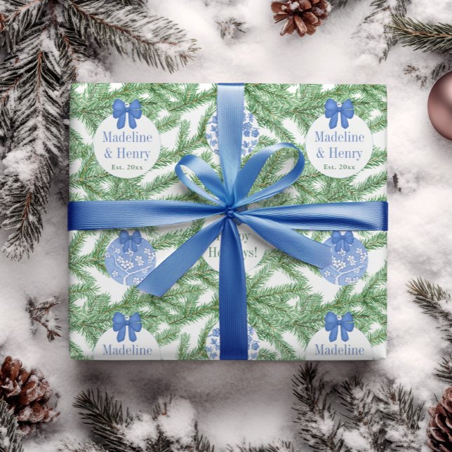 First Married Christmas Blue White Baubles Text Wrapping Paper (Blue and white personalized Christmas ornaments holidays chinoiserie wrapping paper)