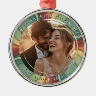 First Married Christmas Colorful Custom Photo Metal Ornament