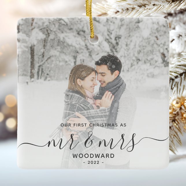 First Married Christmas Custom Photo Gray Script Ceramic Ornament (Creator Uploaded)