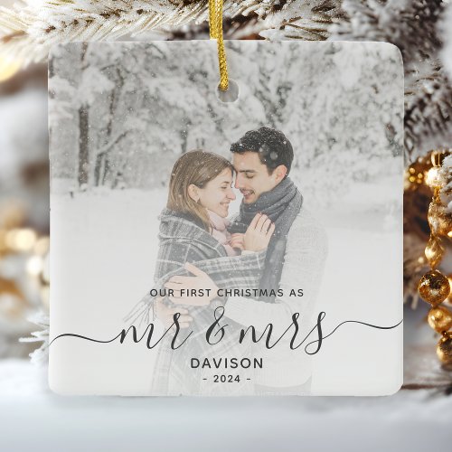 First Married Christmas Custom Photo Gray Script Ceramic Ornament