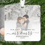 First Married Christmas Custom Photo Gray Script Metal Ornament<br><div class="desc">Commemorate the first Christmas of your marriage with this beautiful modern keepsake ornament. The charcoal gray text reads "Our first Christmas as Mr & Mrs, " with the words "Mr & Mrs" in elegant handwriting script with flourishes before and after. Replace the sample image with your favorite photo, and add...</div>