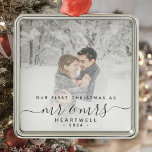 First Married Christmas Custom Photo Gray Script Metal Ornament<br><div class="desc">Commemorate the first Christmas of your marriage with this beautiful modern keepsake ornament. The charcoal gray text reads "Our first Christmas as Mr & Mrs, " with the words "Mr & Mrs" in elegant handwriting script with flourishes before and after. Replace the sample image with your favorite photo, and add...</div>