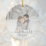 First Married Christmas Custom Photo Green Script Ceramic Ornament<br><div class="desc">Commemorate the first Christmas of your marriage with this beautiful modern keepsake ornament. The dark pine needle green text reads "Our first Christmas as Mr & Mrs, " with the words "Mr & Mrs" in elegant handwriting script with flourishes before and after. Replace the sample image with your favorite photo,...</div>