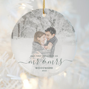First Married Christmas Custom Photo Green Script Ceramic Ornament