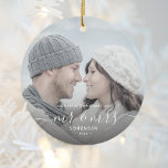 First Married Christmas Custom Photo White Script Ceramic Ornament<br><div class="desc">Commemorate the first Christmas of your marriage with this beautiful modern keepsake ornament. The white text reads "Our first Christmas as Mr & Mrs, " with the words "Mr & Mrs" in elegant handwriting script with flourishes before and after. Replace the sample image with your favorite photo, and add your...</div>