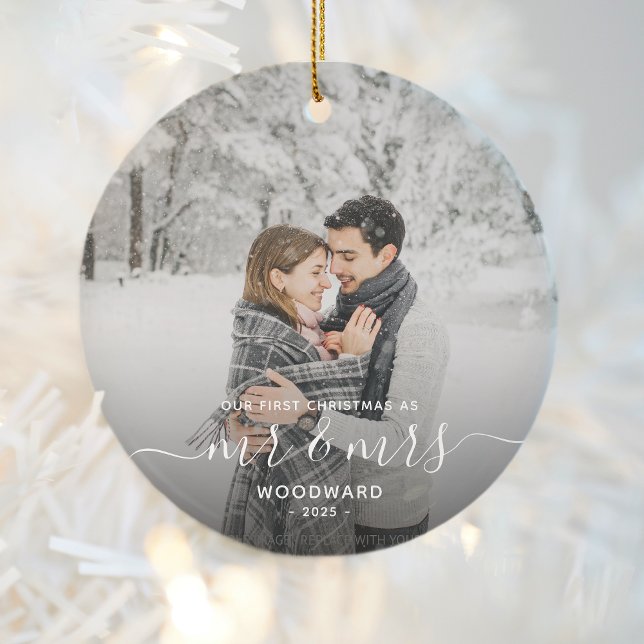 First Married Christmas Custom Photo White Script Ceramic Ornament (Creator Uploaded)
