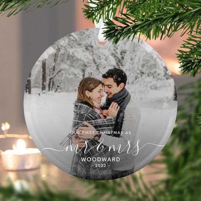 First Married Christmas Custom Photo White Script Glass Ornament (Creator Uploaded)