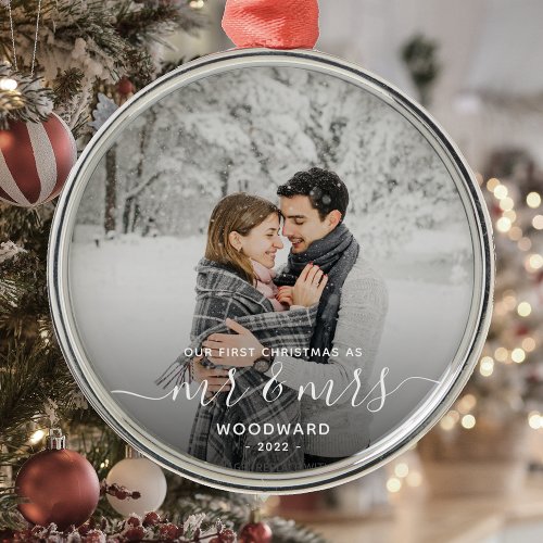 First Married Christmas Custom Photo White Script Metal Ornament