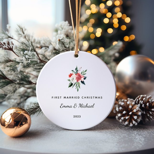First Married Christmas | Elegant and Minimalist Ceramic Ornament (An elegant and minimalist holiday keepsake for their first Christmas as a married couple)