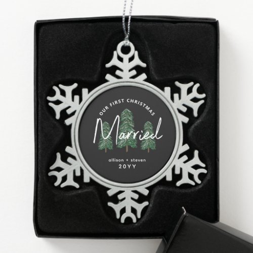 First Married Christmas Elegant Newlyweds Snowflake Pewter Christmas Ornament
