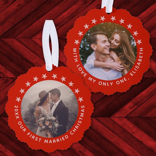 First Married Christmas Elegant Red Add Your Photo Ornament Card