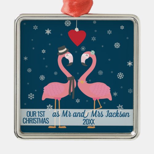 First married christmas flamingoes metal ornament