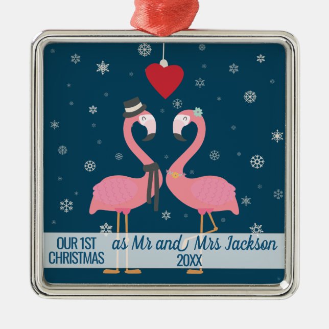First married christmas flamingoes metal ornament (Front)