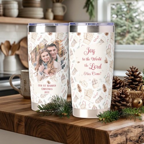 First Married Christmas Joy Boho Winter Photo Insulated Tumbler