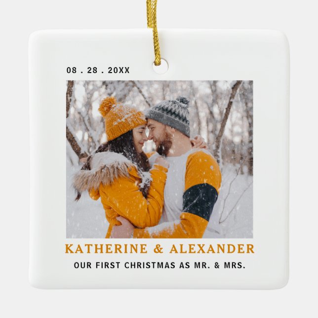 First Married Christmas Minimalist Modern Photo Ceramic Ornament (Front)