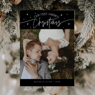First Married Christmas Newlywed Photo Black Holiday Card