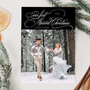 First Married Christmas Newlywed Photo Black Holiday Card