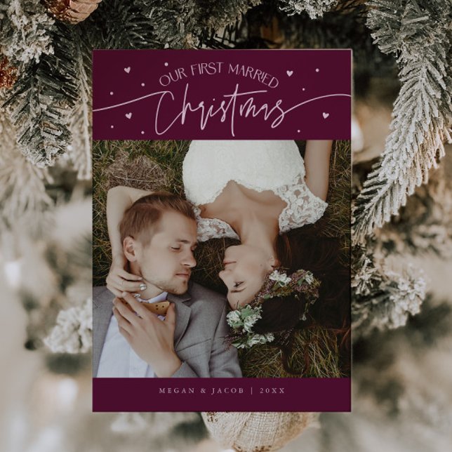 First Married Christmas Newlywed Photo Cranberry Holiday Card (Creator Uploaded)