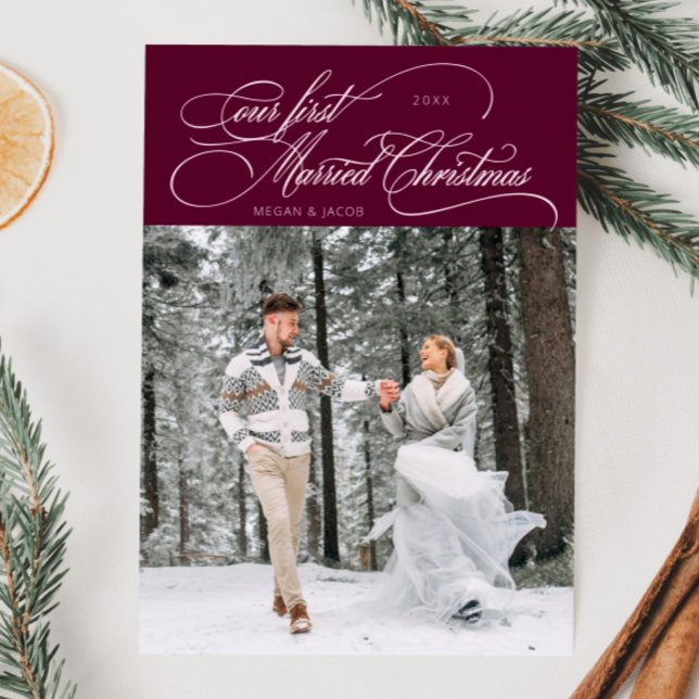 First Married Christmas Newlywed Photo Cranberry Holiday Card (Creator Uploaded)
