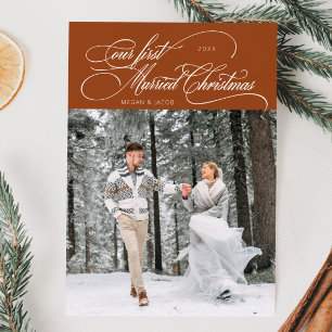 First Married Christmas Newlywed Photo Terracotta Holiday Card