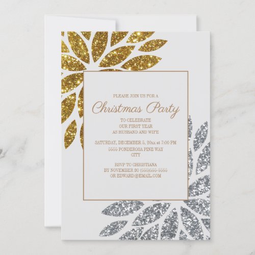 First Married Christmas Party Gold Silver Floral Invitation