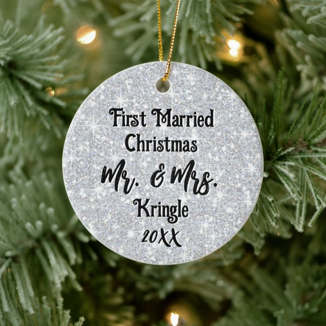 First Married Christmas Personalized Wedding Date Ceramic Ornament (Tree)