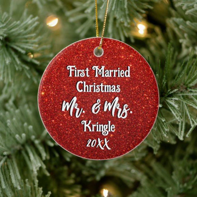 First Married Christmas Personalized Wedding Date Ceramic Ornament (Tree)