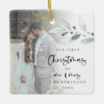 First Married Christmas Photo Name Year Script Cer Ceramic Ornament<br><div class="desc">First Married Christmas Photo Name Year Script A romantic keepsake to celebrate the special time of your first Christmas as Mr and Mrs and memento in holidays to come. Typography for Christmas and Mr and Mrs is in a set modern script and the rest of the text you can easily...</div>